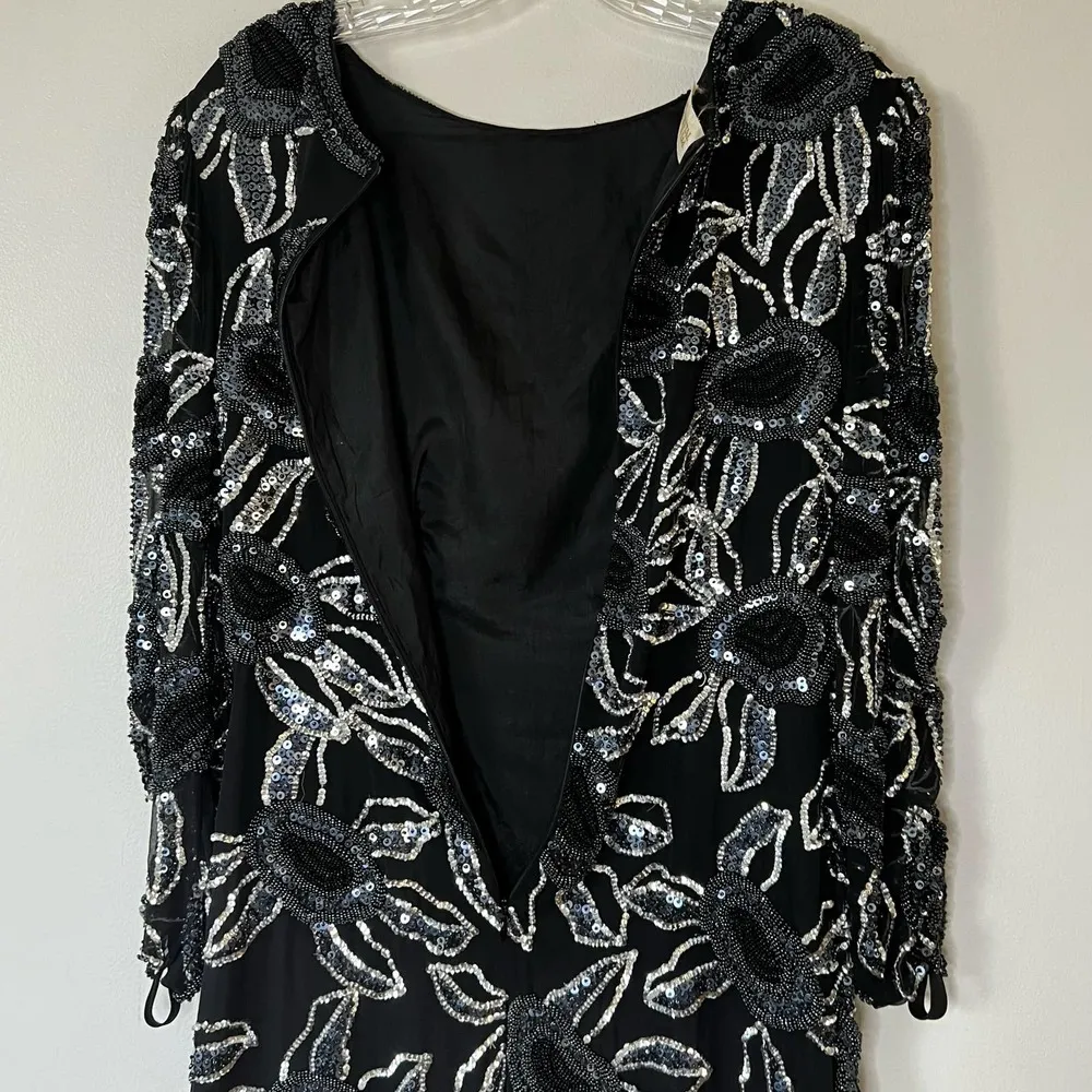 Vintage Sequins Drop Waist Dress Tiered Skirt Black Size Large - Image 6