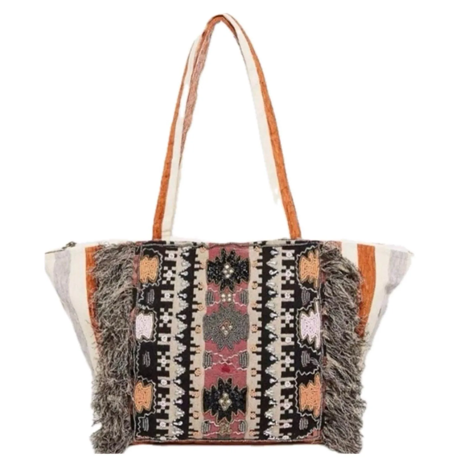 Evelyn K New York Wool Cotton Bohemian Raga Bonita Beaded Fringe Tassel Tote Bag - Image 2