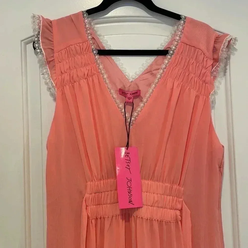 NWT Betsey Johnson Boudoir Crinkle Chiffon Dress Flamingo Pink Sz 14 - Image 4