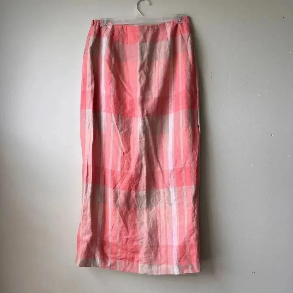 Vintage Parisian 100% Linen Plaid Pink Maxi Skirt Lined Size 8 Preppy - Image 2