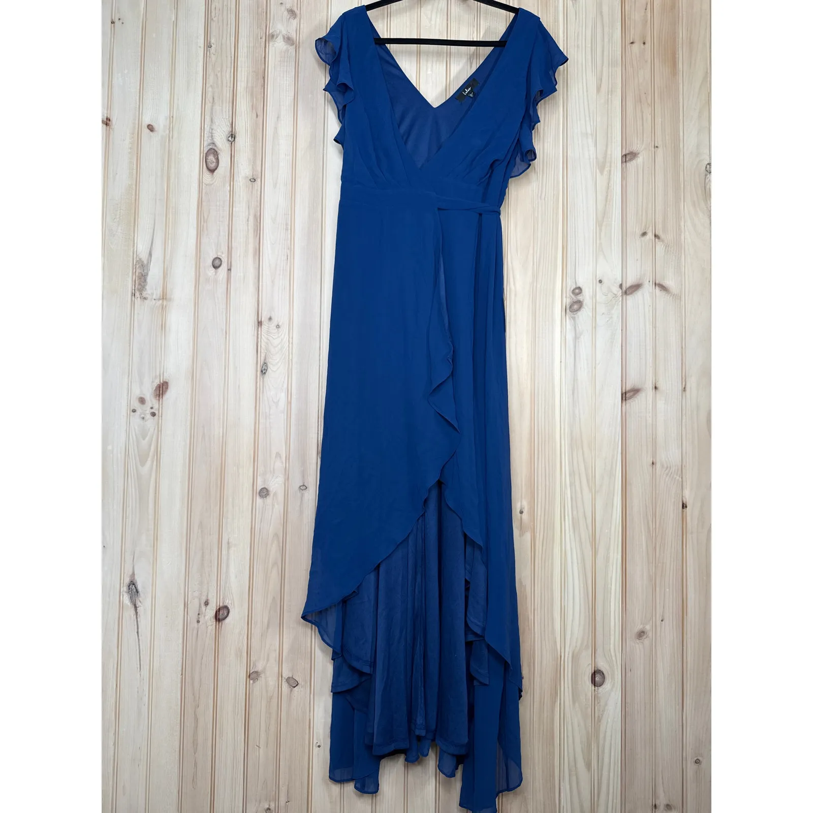 NWT Lulus Ravishing Charm Dark Blue Ruffled Wrap High-Low Maxi Dress Wedding M - Image 3