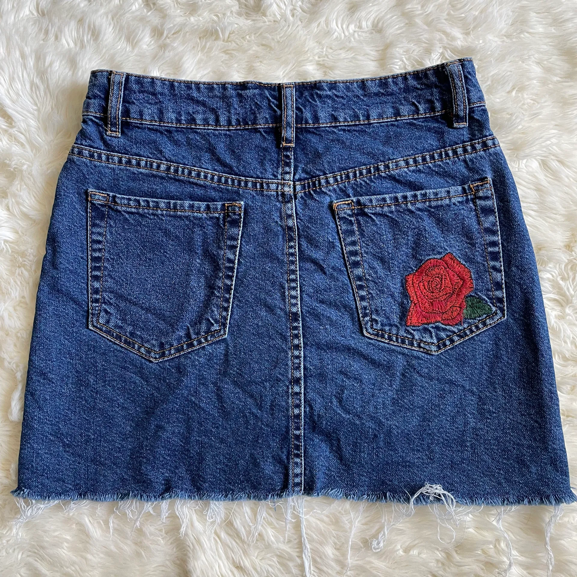 Skirt Rose Flower Embroidered Denim Button Front Mini Blue Red XS - Image 3