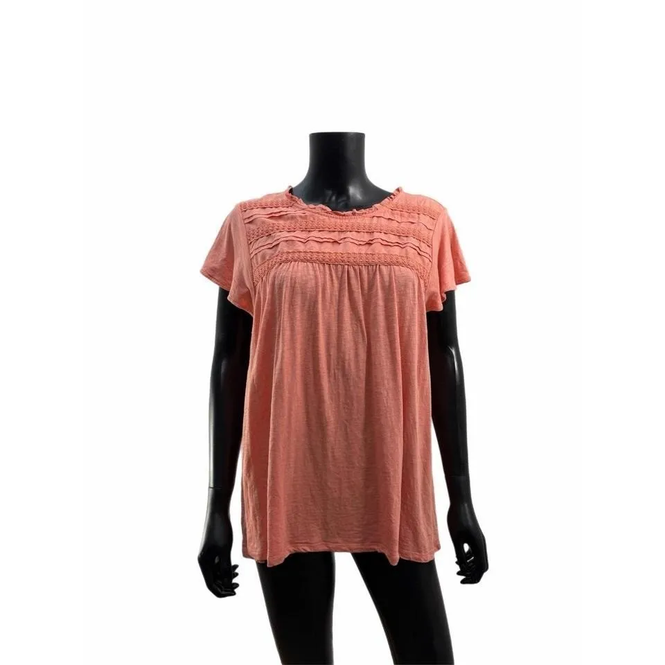 Ella Moss Women's Coral Pink Boho Short Sleeve Crochet Detail Top Size XL - Image 2