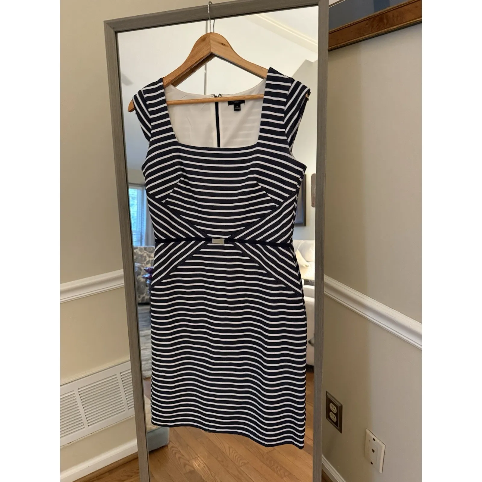 Ann Taylor Sheath Career Dress Size 4White Navy Stripe Square Neck Size 4 - Image 2