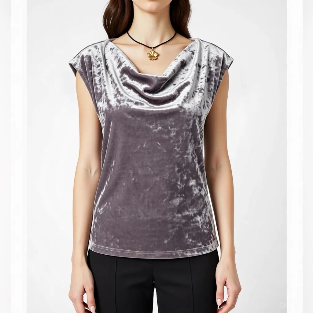 DKNY Crushed Velvet Gray Sleeveless Cowl Neck Women’s Top NWOT - Image 2