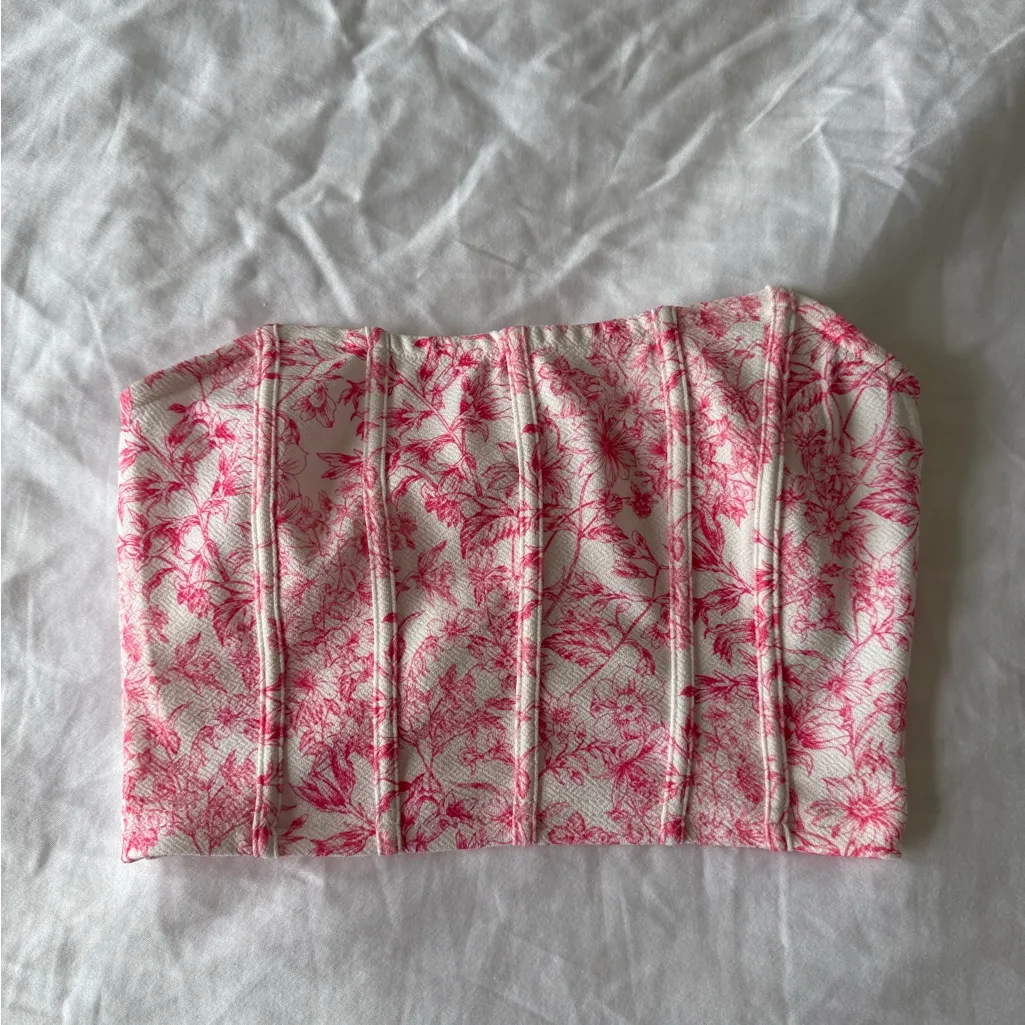 White with pink flowers Shein strapless cropped top - Image 2
