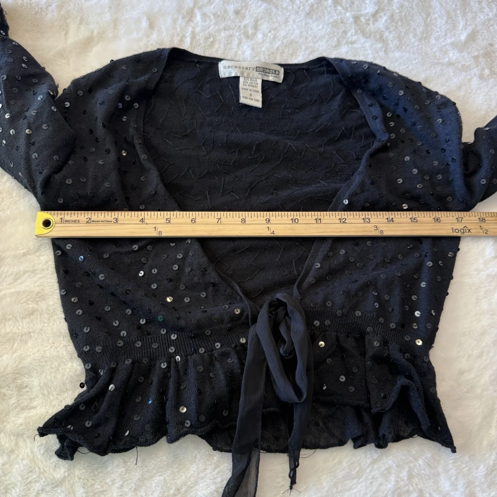 Vtg Y2K Necessary Objects Black Sequin Ruffle Tie Front Bolero Top Small - Image 6