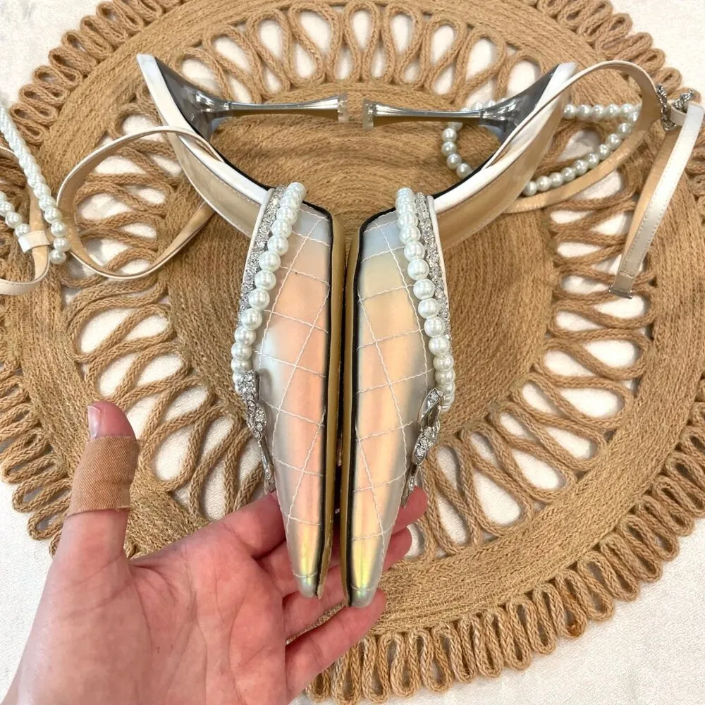 Mach & Mach Bow of Elizabeth Iridescent Faux Pearl Sandals Size 38 White - Image 11