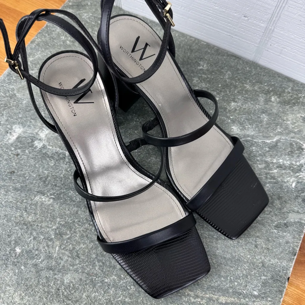 Worthington Wor Pico Black Strappy Block Heels Square Toe Snakeskin Ankle Strap - Image 2