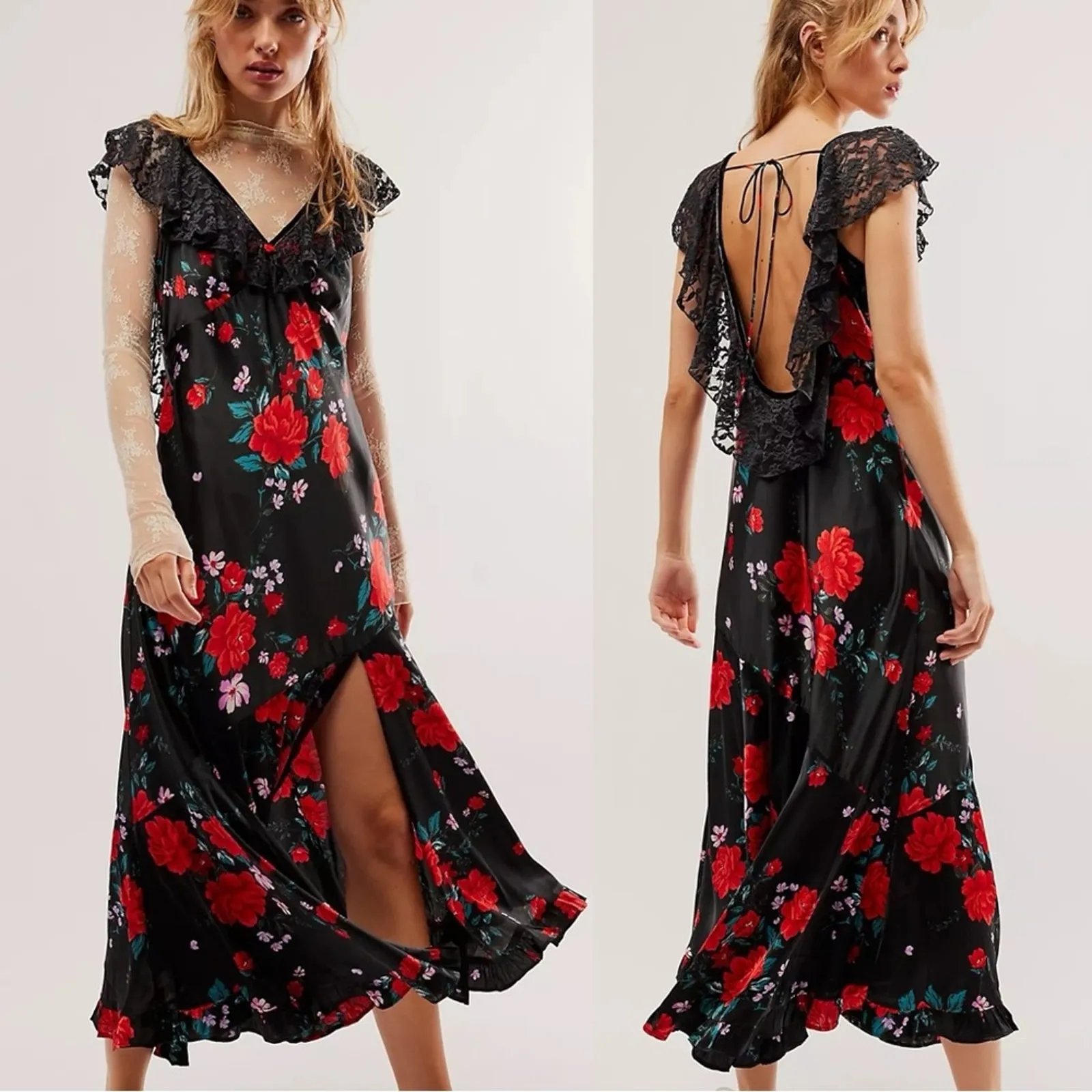 Free People Warm Hearts Satin Midi Dress Size Large Lace Floral Dainty Romantic - Image 2