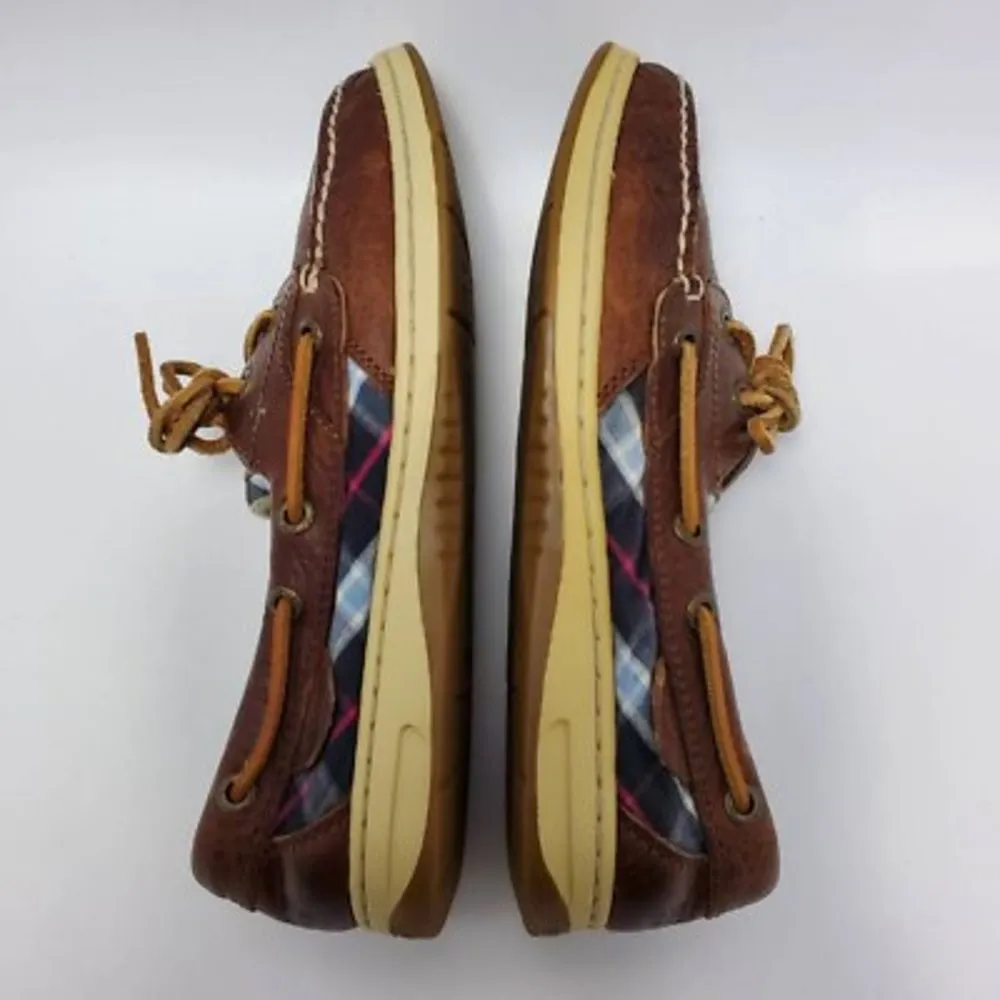 Sperry Top Slider Bluefish Plaid Slip On Oxford Boat Shoes Leather Sz 7 M Brown - Image 9