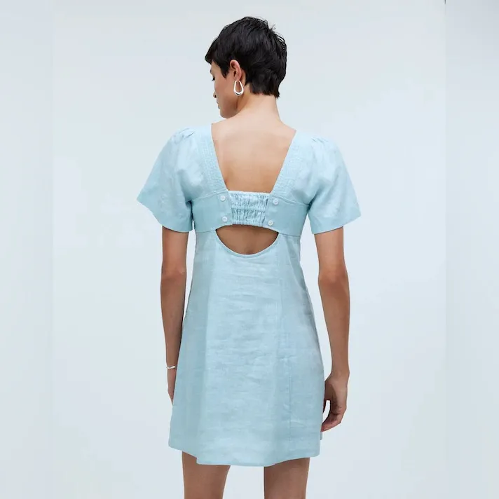 Madewell Square-Neck Mini Dress 100% Linen Coastal Grandma Short‎ Blue NWT Sz 00 - Image 2