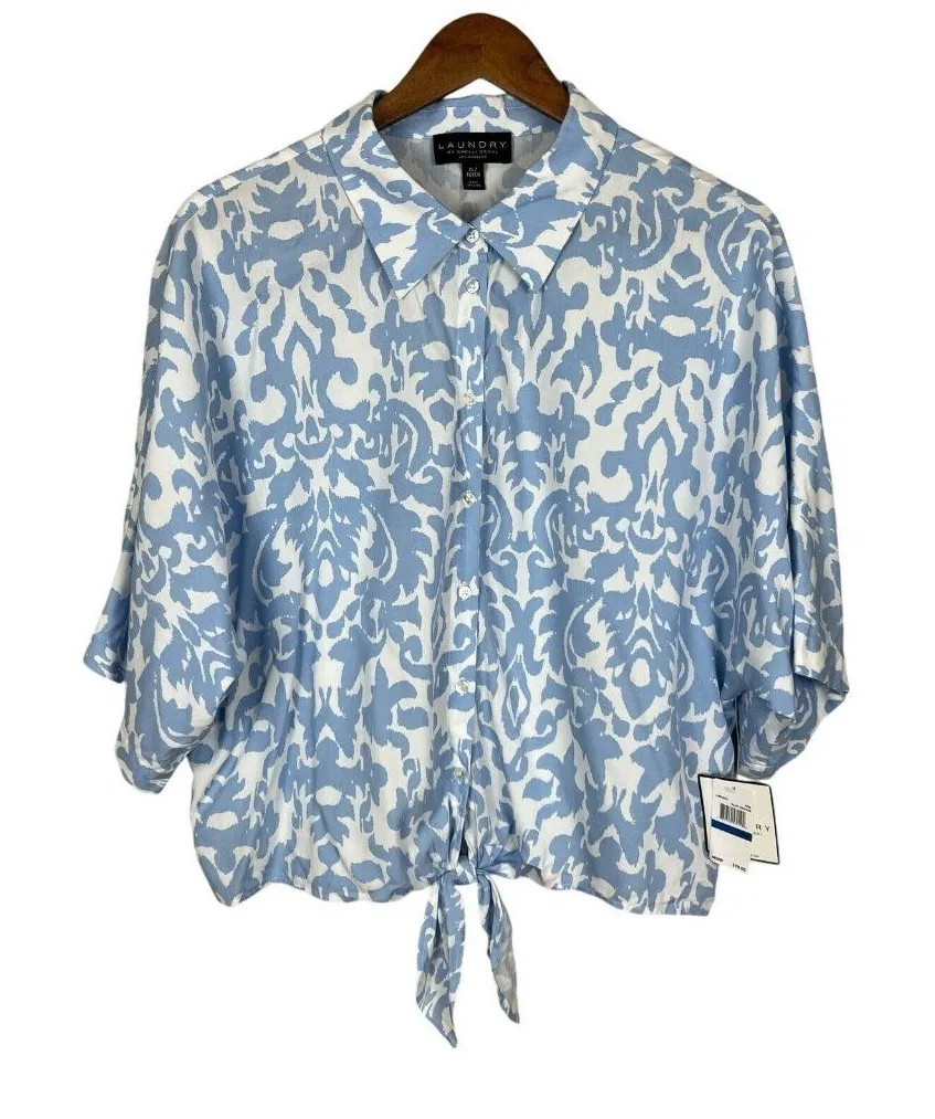 Laundry by Shelli Segal Top XL Blue Damask Crop Button Up Tie Hem‎ 3/4 Dolman Sl - Image 1
