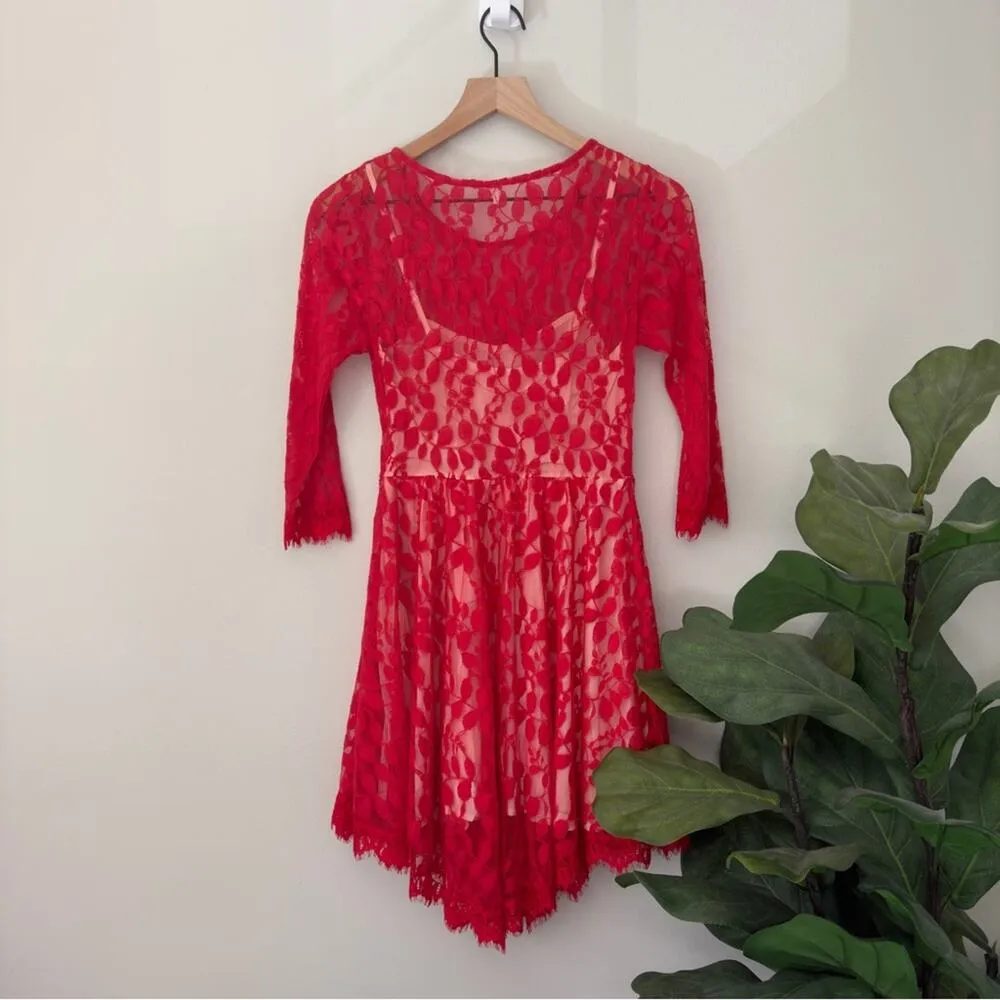 Free People Floral Lace Mesh Dress in Hot Red Attached Adjustable Slip Scalloped - Image 5