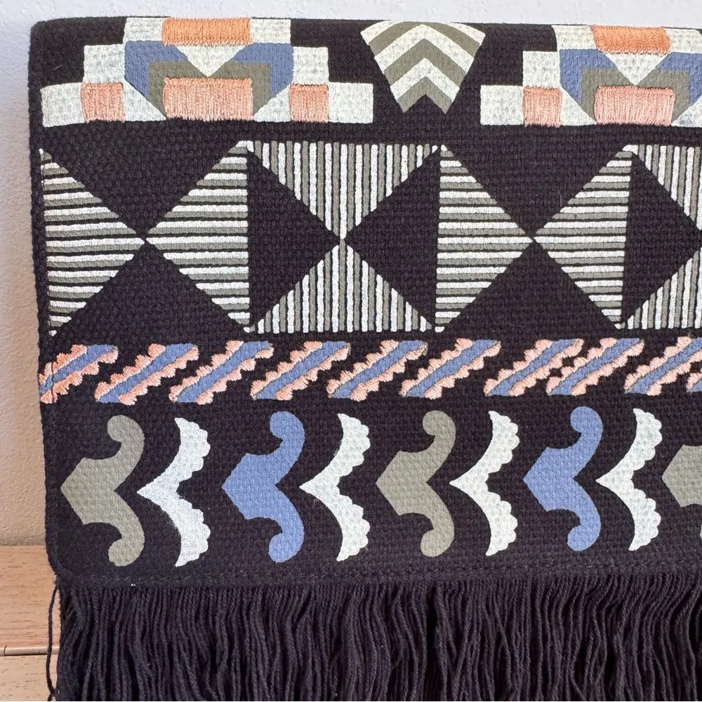 STELLA & DOT Taj Black Woven Tribal Envelope Clutch Bag Purse Fringe Embroidered - Image 4
