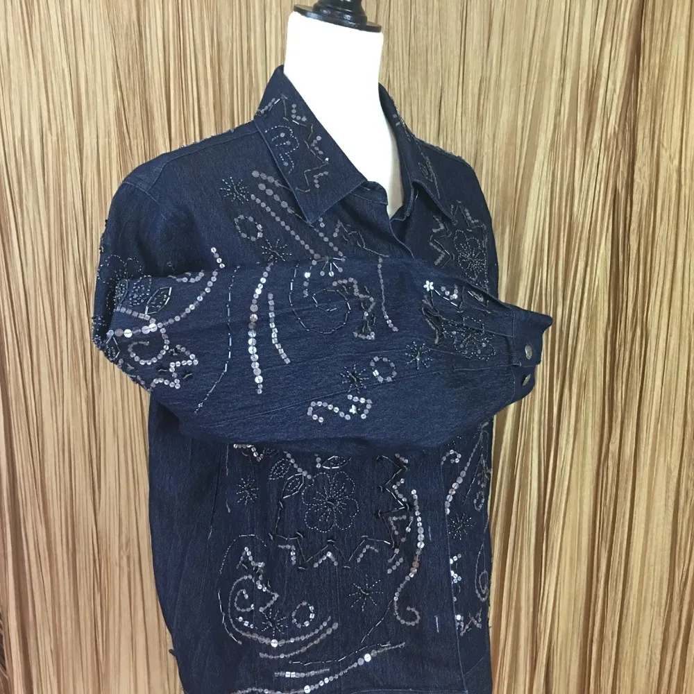 Victor Costa Vintage Beaded Denim Jeans Jacket Blue Size M - Image 2