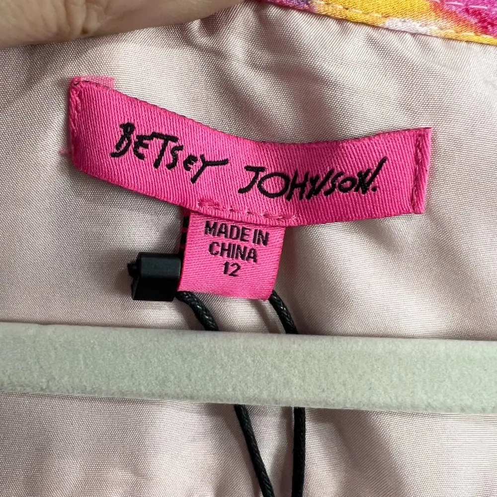 Betsey Johnson Dress 12 Sunset Floral Pink Yarrow Faux Wrap 3/4 Slv V-Neck NWT - Image 3