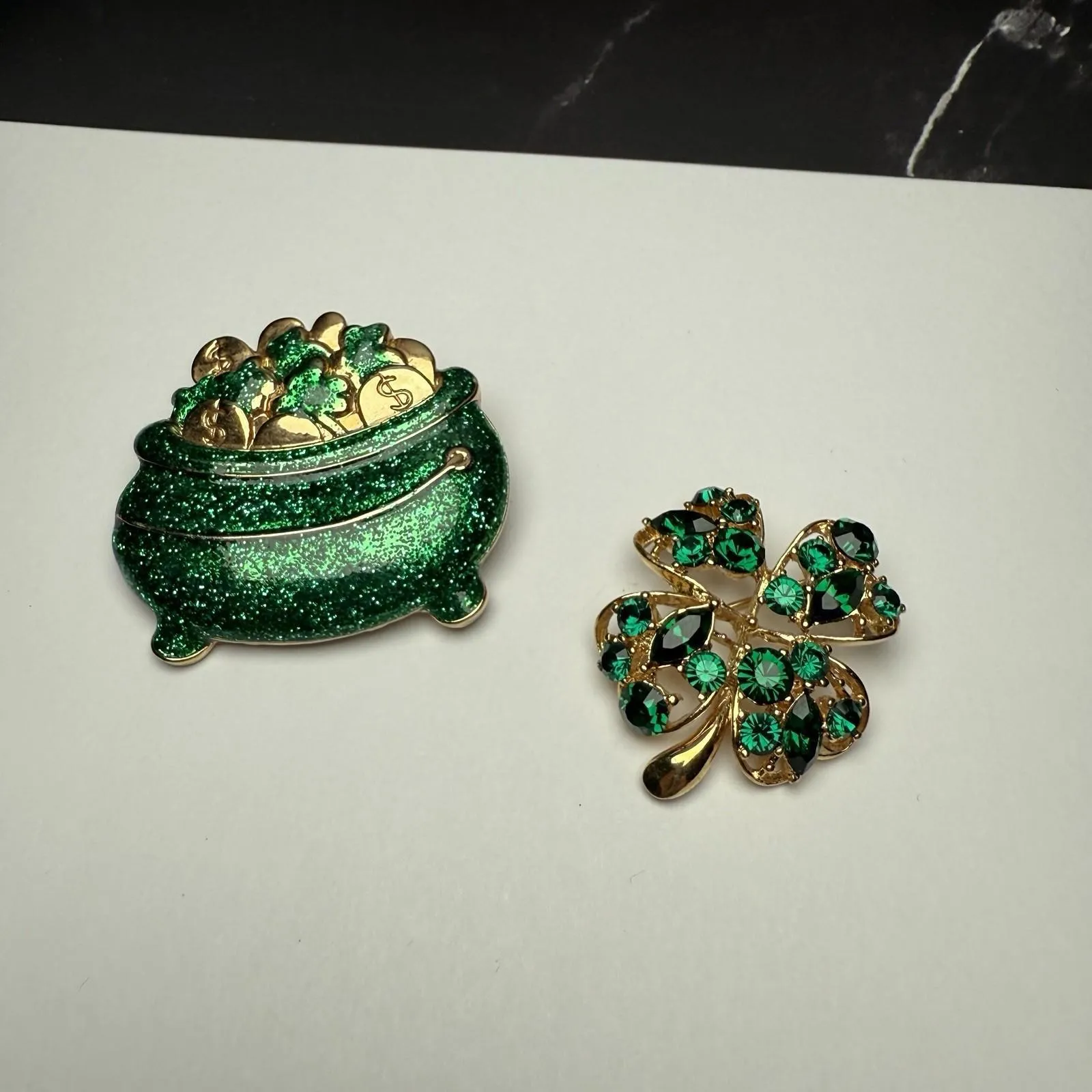 Four Leaf Clover Shamrock & Pot Of Gold Brooch Pin Lot Of 2 St Patrick’s Green - Image 11