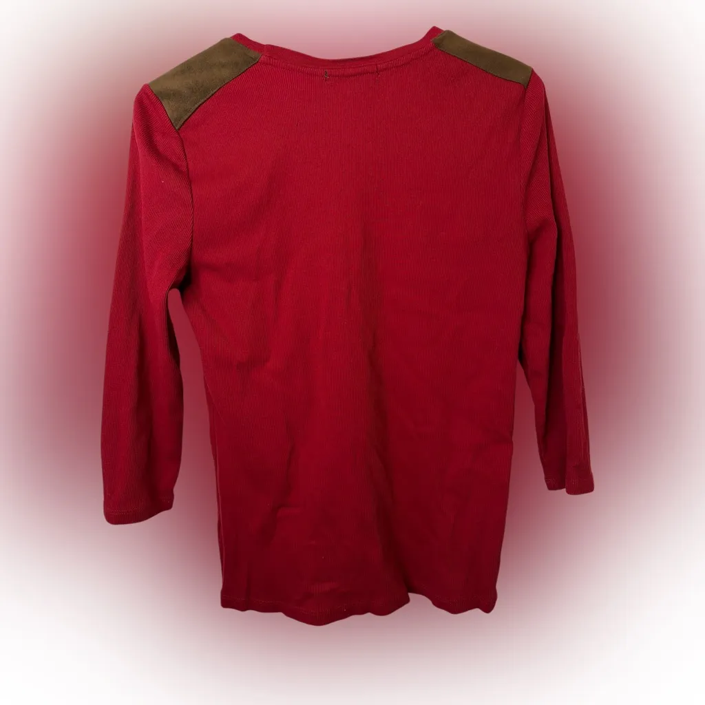 Ralph Lauren Red Ribbed Faux Suede Detail 3/4 Sleeve Shirt Top - Image 2