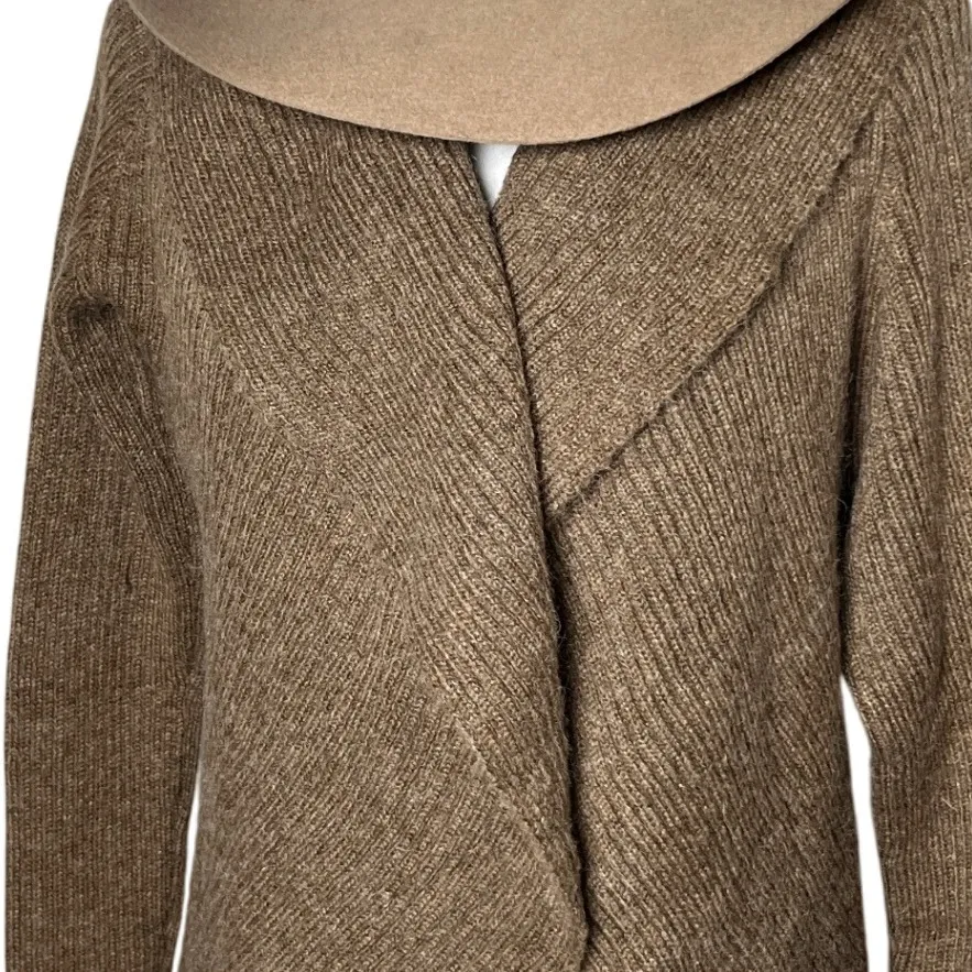Alpaca Wool Blend Drape Cardigan Cozy Shawl Collar Open Front (M) Brown Size M - Image 8