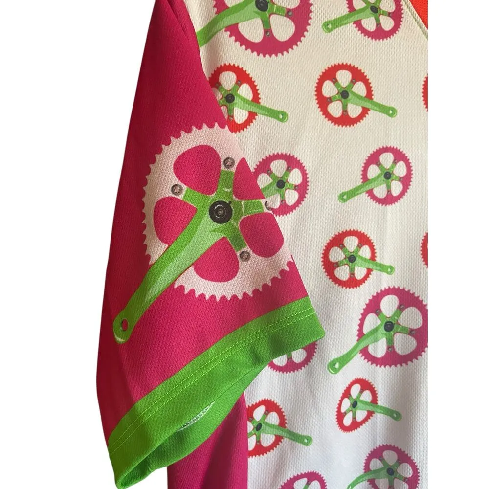 Aero Tech Designs Women’s Cycling Jersey Pink/Green Gears Designs Size Large White - Image 3