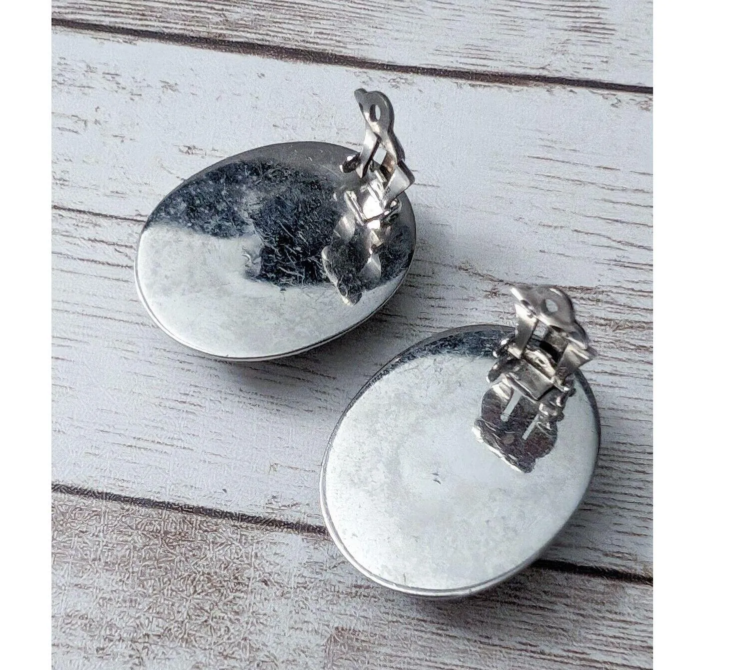 Vintage Whiting & Davis Co Clip On Earrings Silver Tone & Dark Silver Tone Oval - Image 5