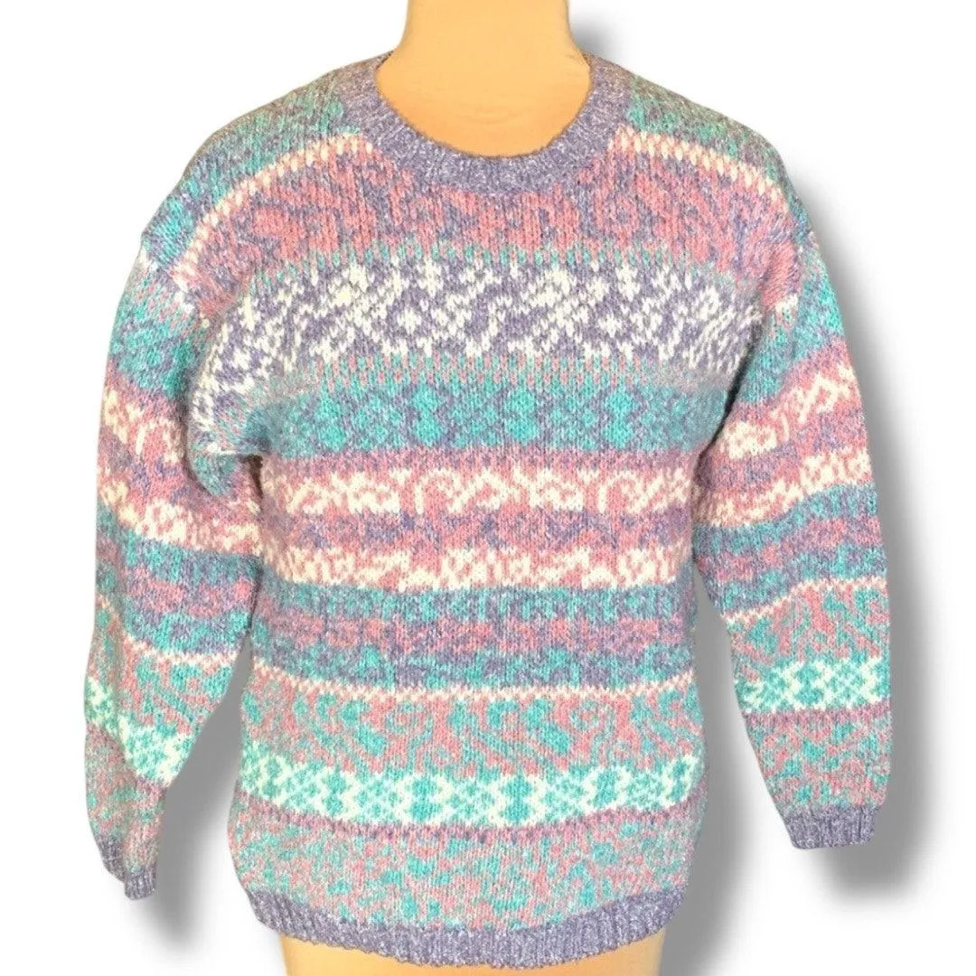 Vintage Carole Little St Tropez Wear Pastel Knit Sweater 90s Abstract Art Medium Pink - Image 2