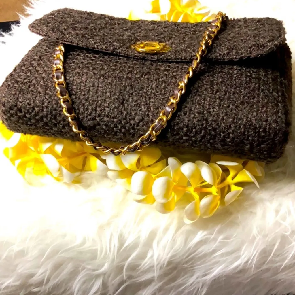 Vintage Joan Rivers Classics Brown Woven Tweed Shoulder Bag Gold Chain Y2K - Image 3