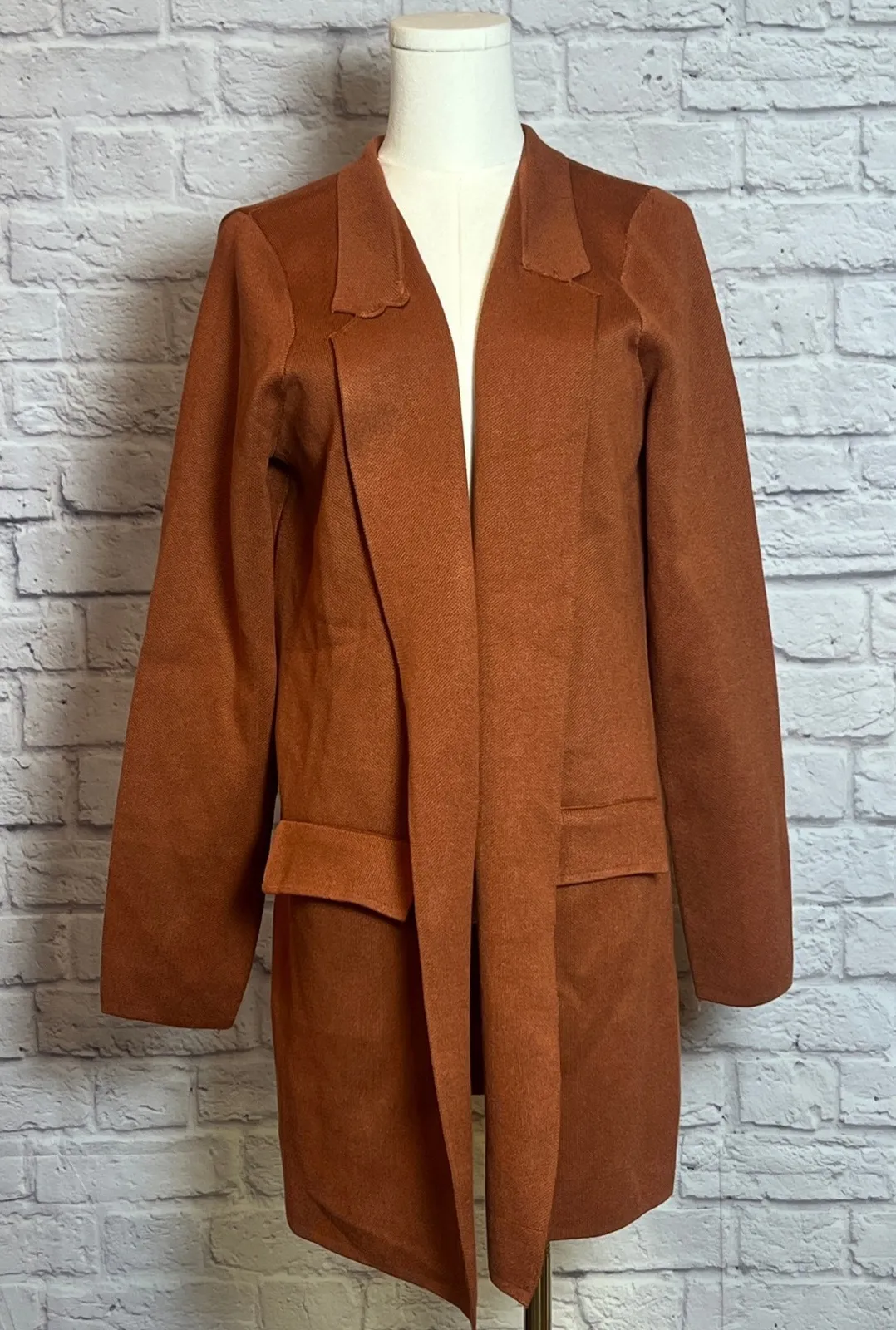 Grace Karin Rust Brown Knit Blazer Jacket L Longline Open Front Fall Cardigan - Image 1