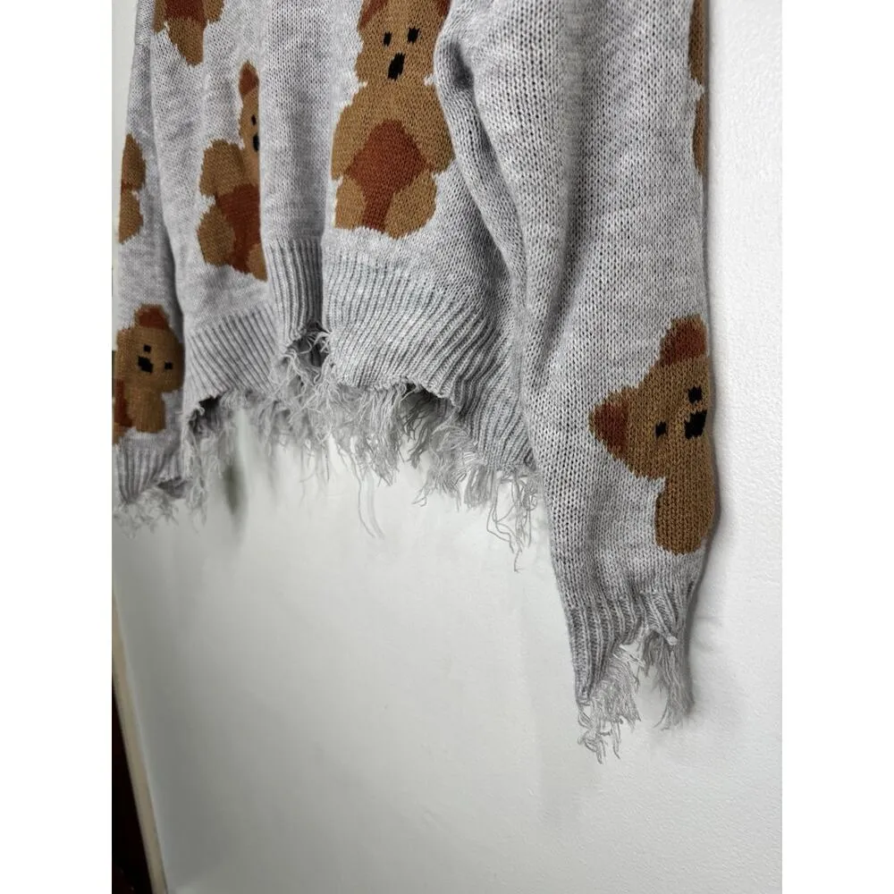Just Polly Teddy Bear Print Distressed Pullover Sweater Womens Size Small Grunge Gray - Image 4
