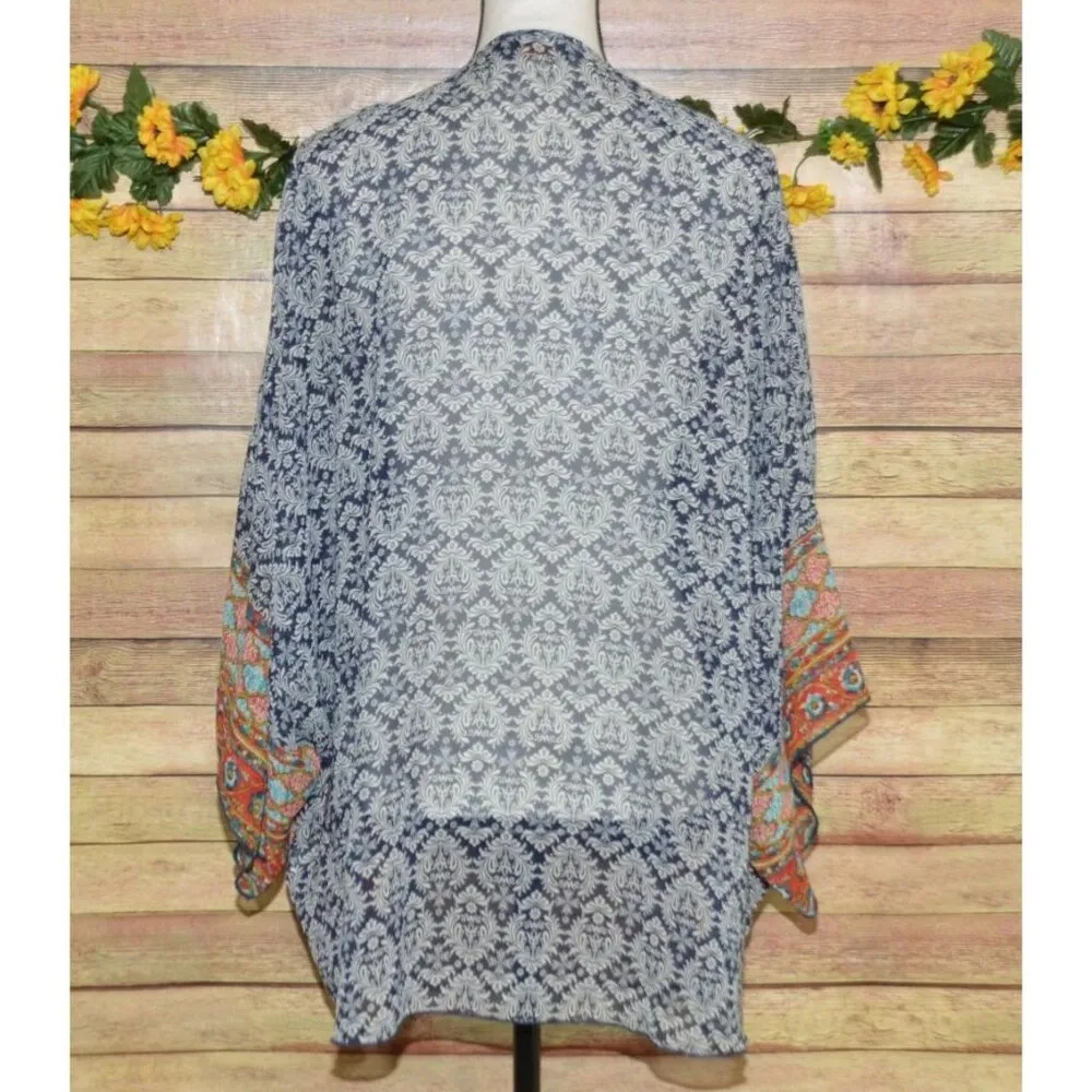 Renee C Top Women's M Blue Mixed Print Open Front Cardigan Boho Hipster Sheer - Image 7