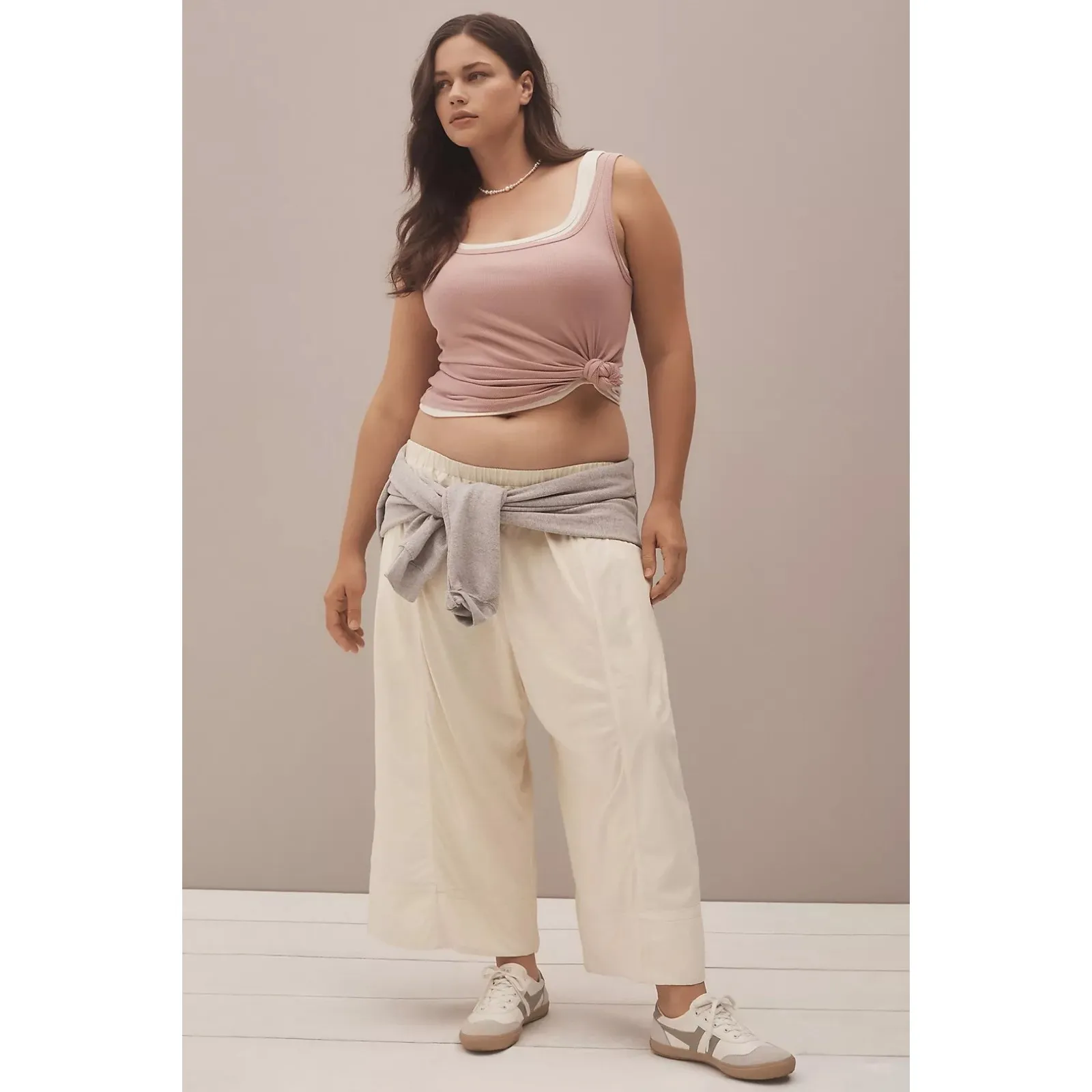 Daily Practice Anthropologie Wide Leg Pants Large Ivory Crop Lounge‎ Knit Soft Tan - Image 2