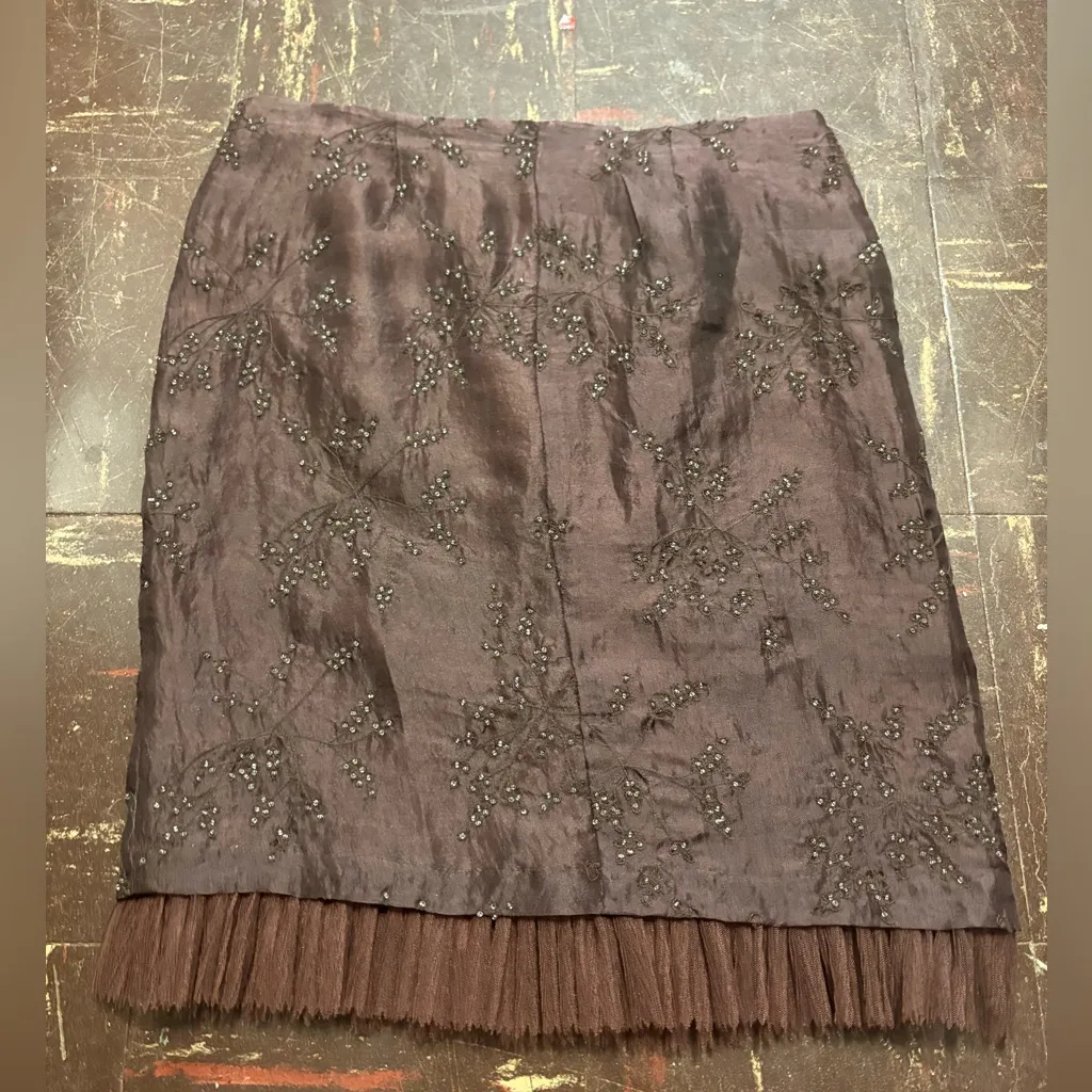 Vintage Y2K 2000s silk brown fairy core coquette midi embroidered mesh skirt 2 - Image 9