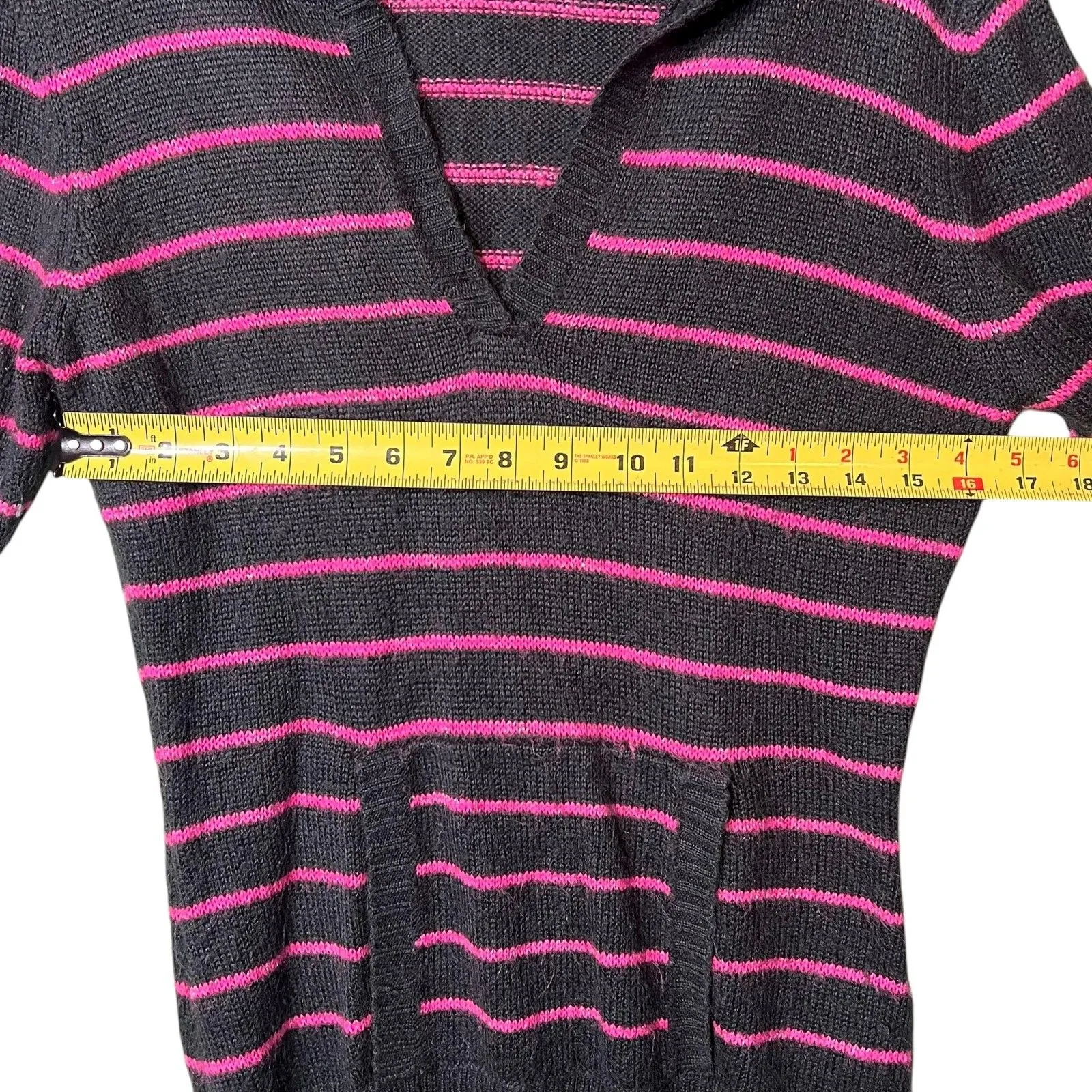 Hooded Sweater Womens Large Black Pink Striped Knit V Neck Kangaroo Pocket Soft - Image 5