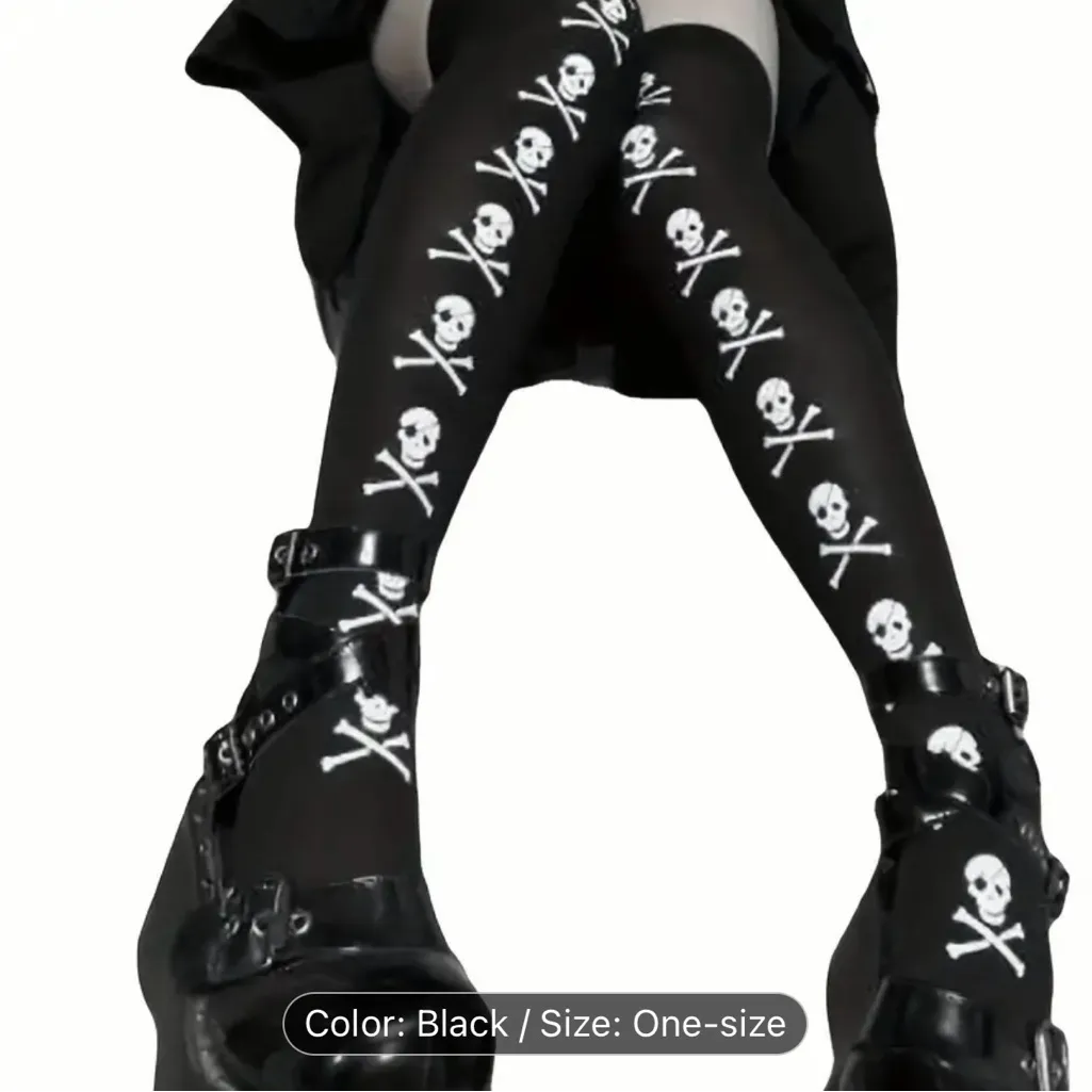 Skull Print Thigh High Socks, Cosplay Over‎ The Knee Socks
One Size Black - Image 12