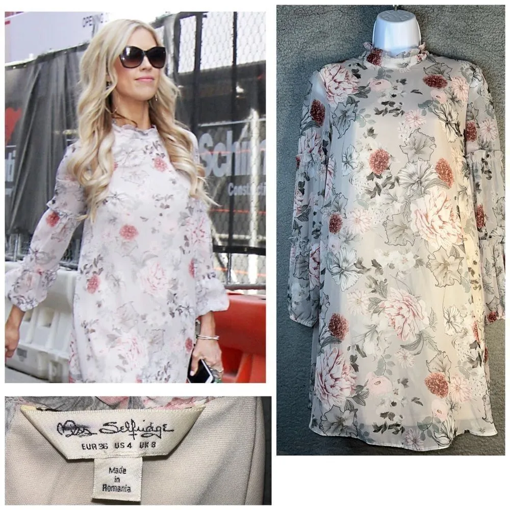 Miss Selfridge Women's Dress Ivory 4 Floral Rose Babydoll Ruffle‎ Sheer Sheath - Image 2