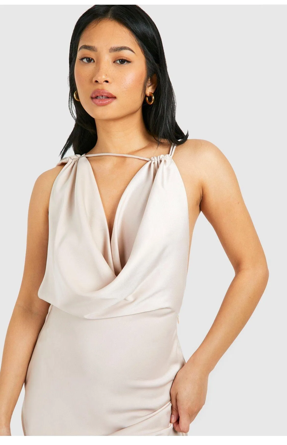 Petite asymmetrical, cow satin maxi dress Tan Size 4 - Image 2