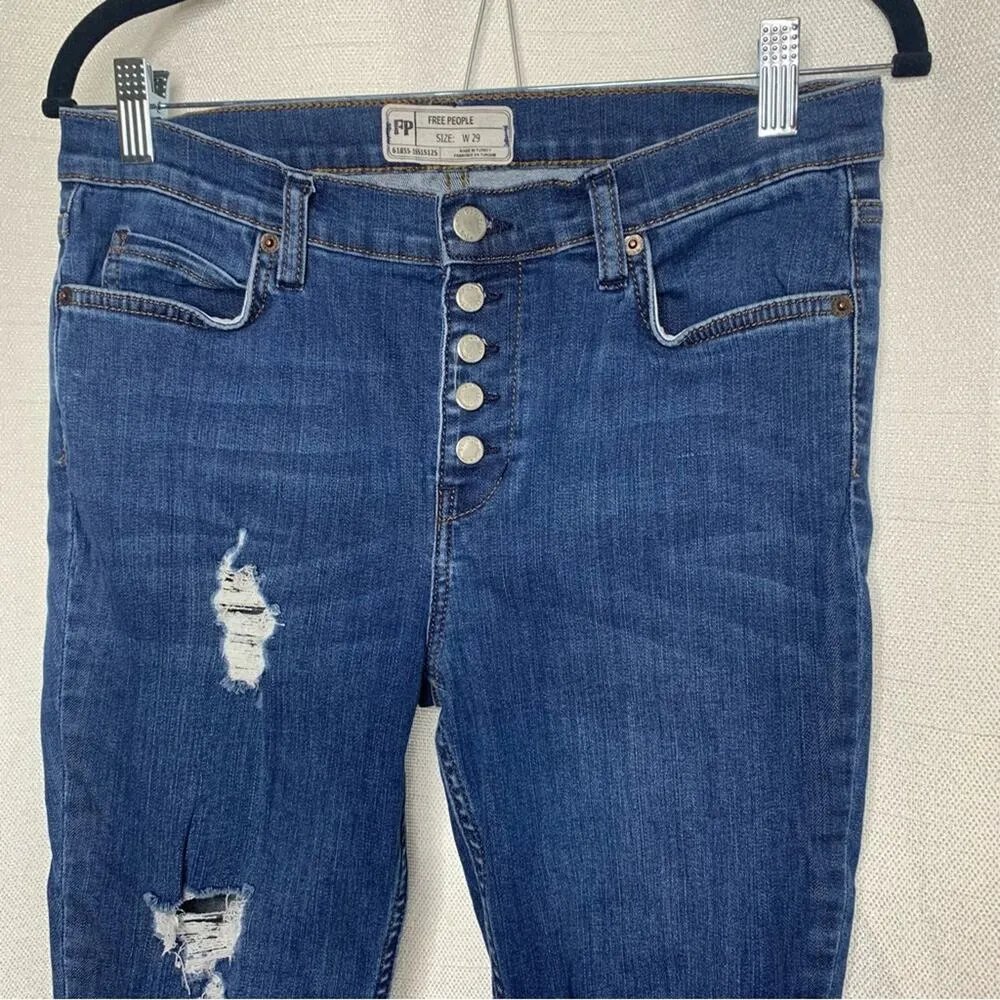 Free People‎ distressed high rise exposed button fly Reagan skinny jeans size 29 - Image 3