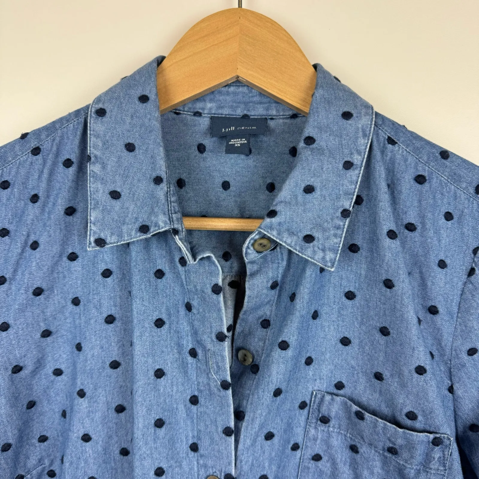 J Jill Denim Womens Button‎ Up Shirt in Westerly Wash/Navy Blue Polka Dot Sz XS - Image 5