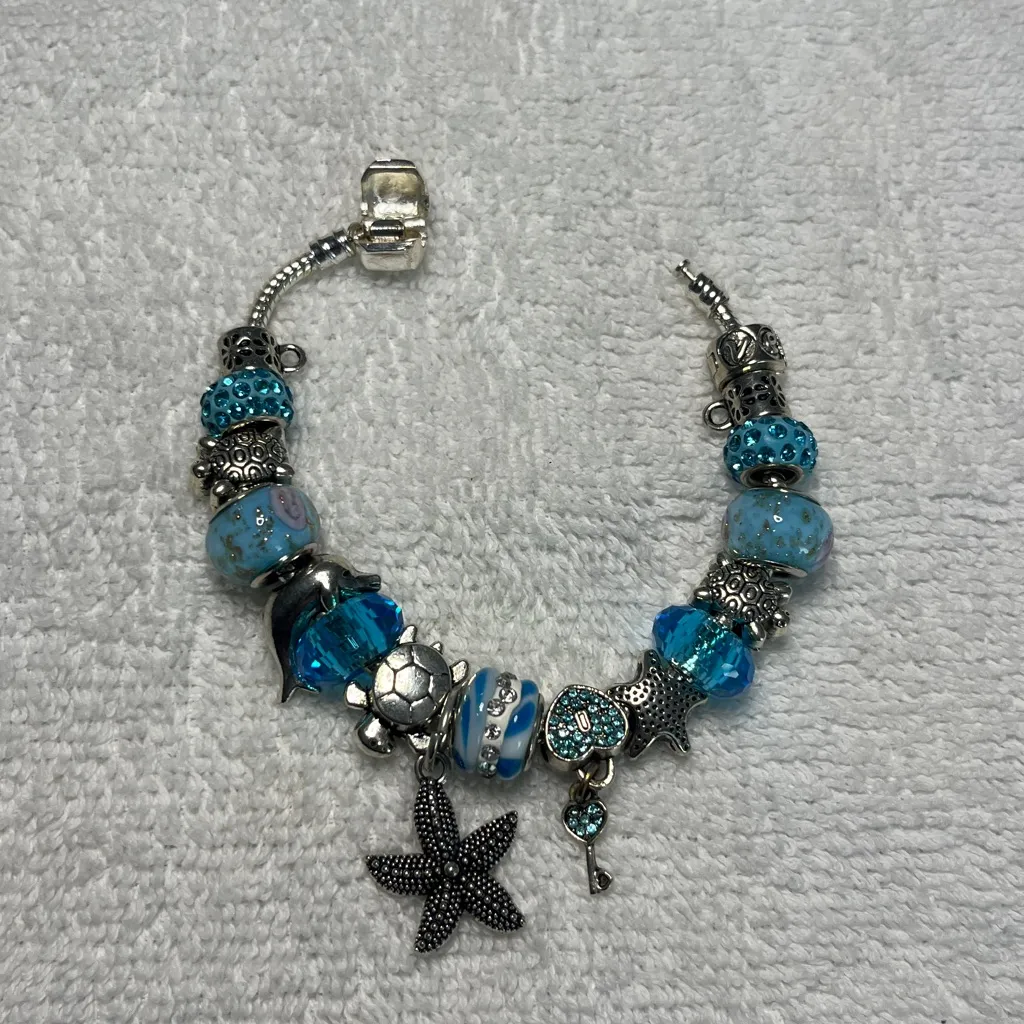 Beach Theme Starfish Dolphin Sea Turtle Charm Bracelet Blue - Image 2