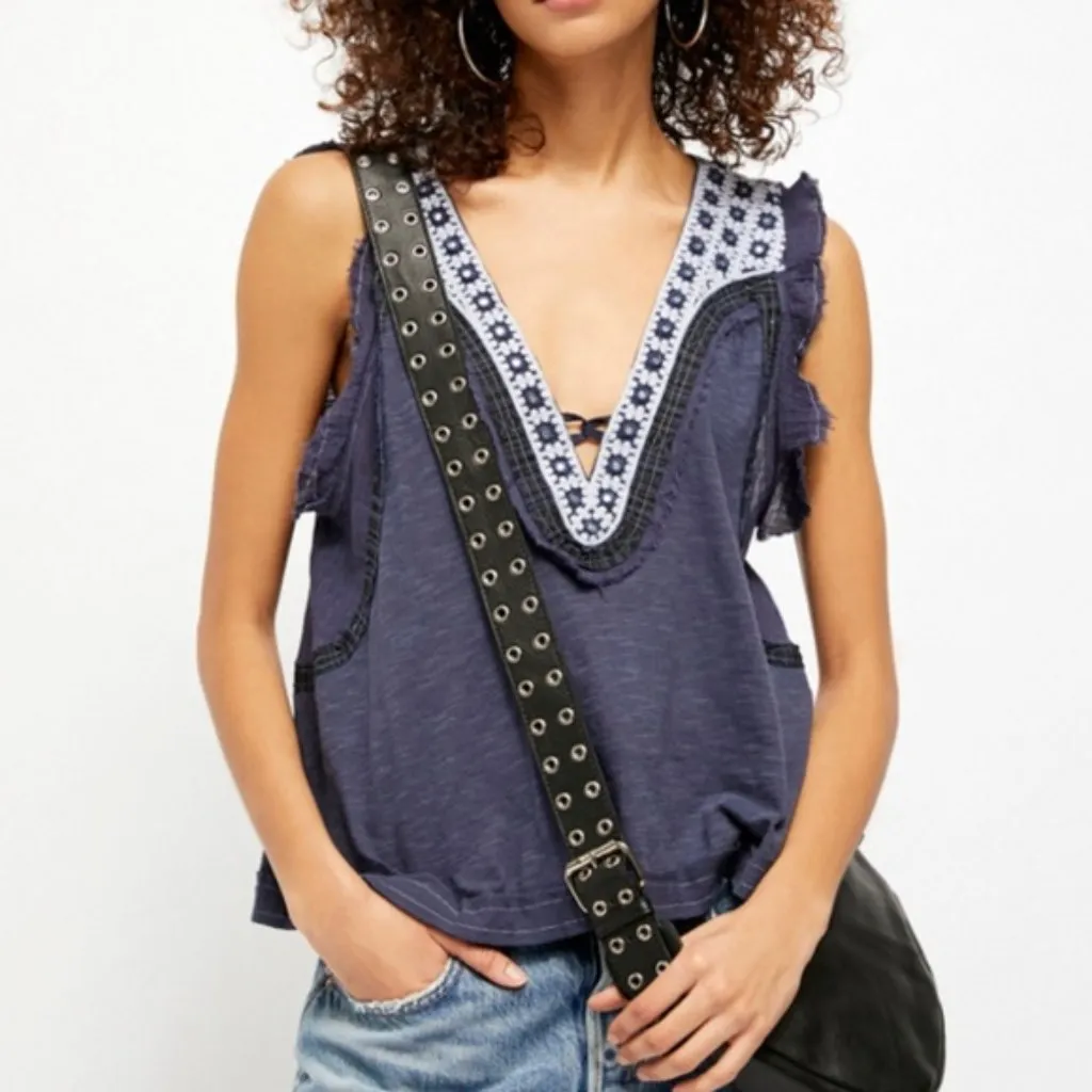 Free People Navy Blue Market Place Boho Tee Tank Top - Image 3