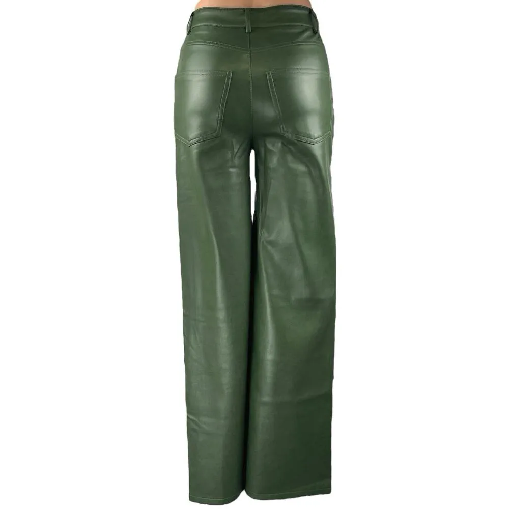 Urban Outfitters Women's Green Faux Leather Vegan Wide Leg Trousers Pants 24 - Image 3