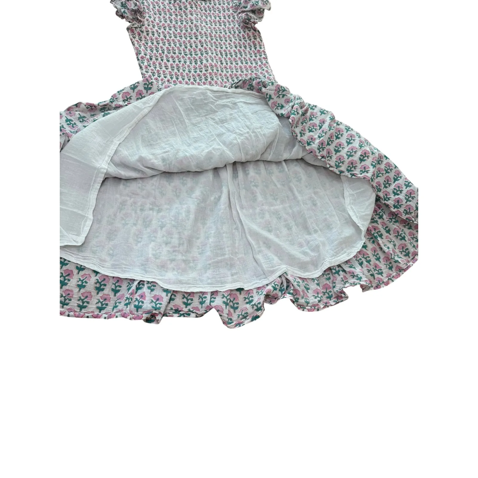 Oliphan‎ Floral Smocked Ruffle Mini Dress Pink Green White Sleeveless Summer S - Image 4