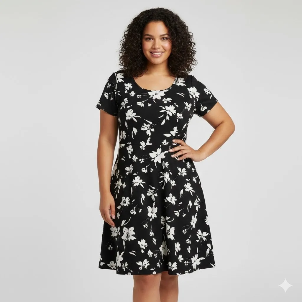 Fox + Royal Black White Floral Fit Flare Dress Plus Size 1X Short Sleeve Scoop - Image 7