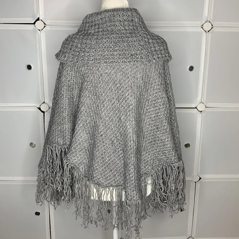 Uno Core Gray Knit Cowl Neck Poncho Sweater OS Size undefined - Image 3