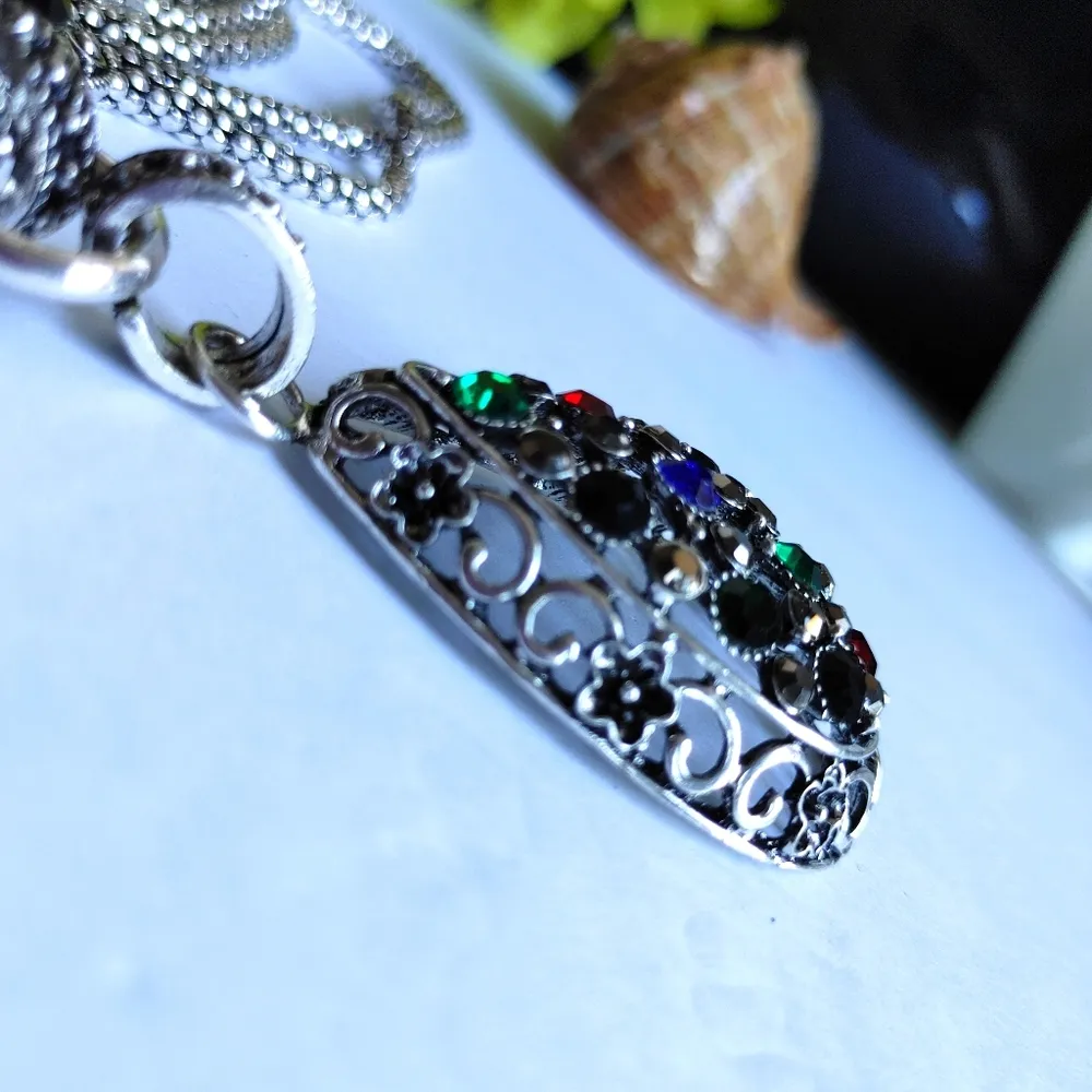 Silver Chain With Crystal Dome Teardrop Necklace S - Image 6