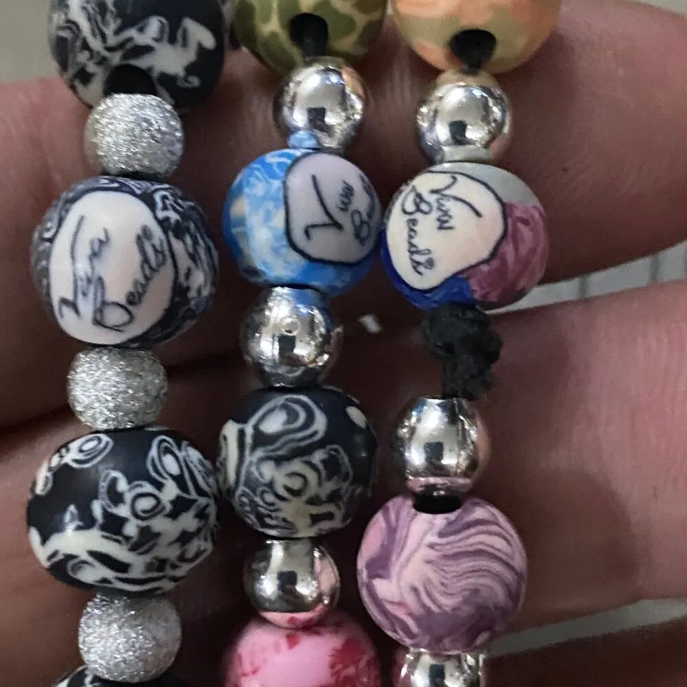 Viva Beads Colorful Beaded Stretch Bracelets Artisans Polymer Clay Set Of 3 Silver - Image 4