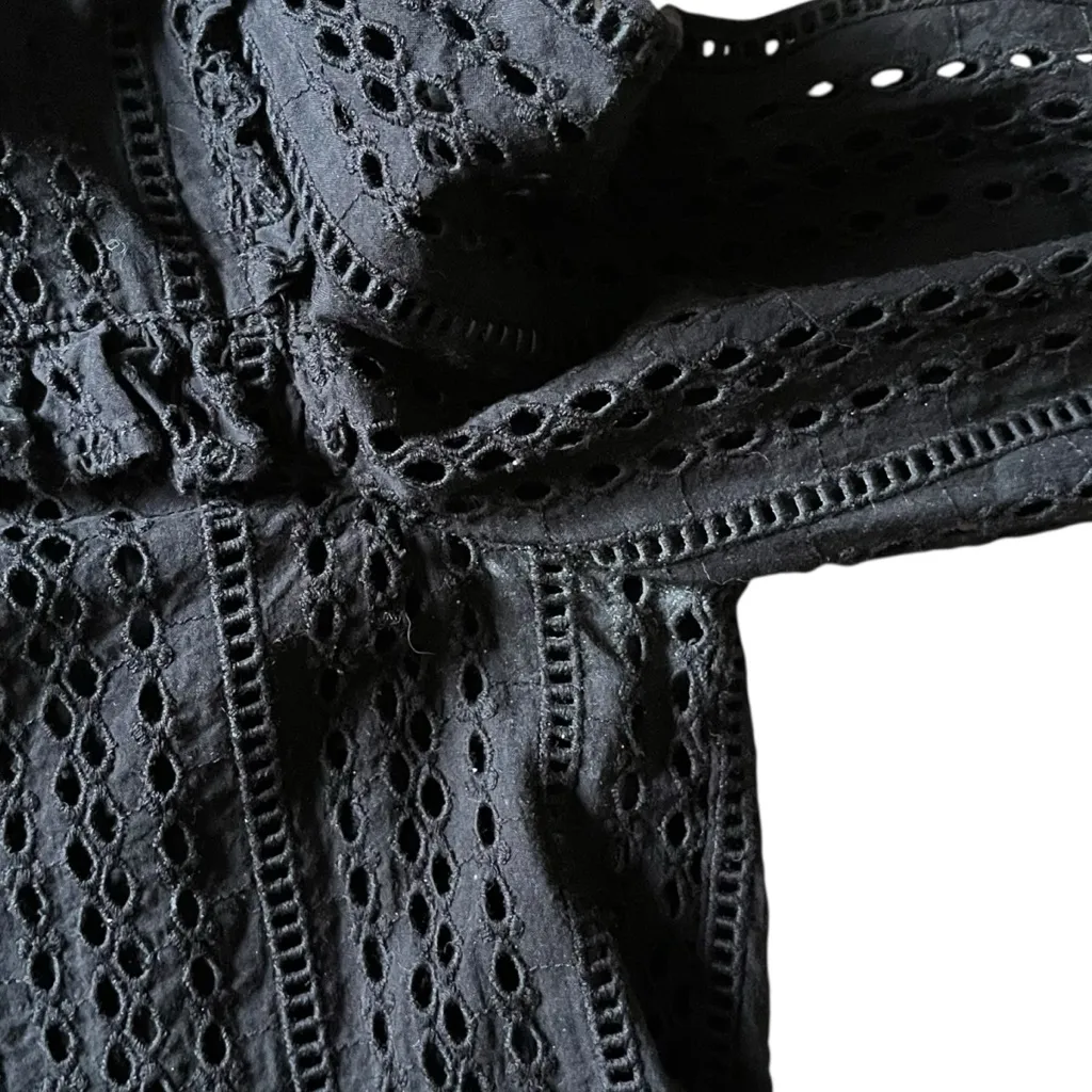 Madewell Black‎ Lace Ruffle Blouse Eyelet Mockneck Ruffle Tie Back Size XS - Image 5