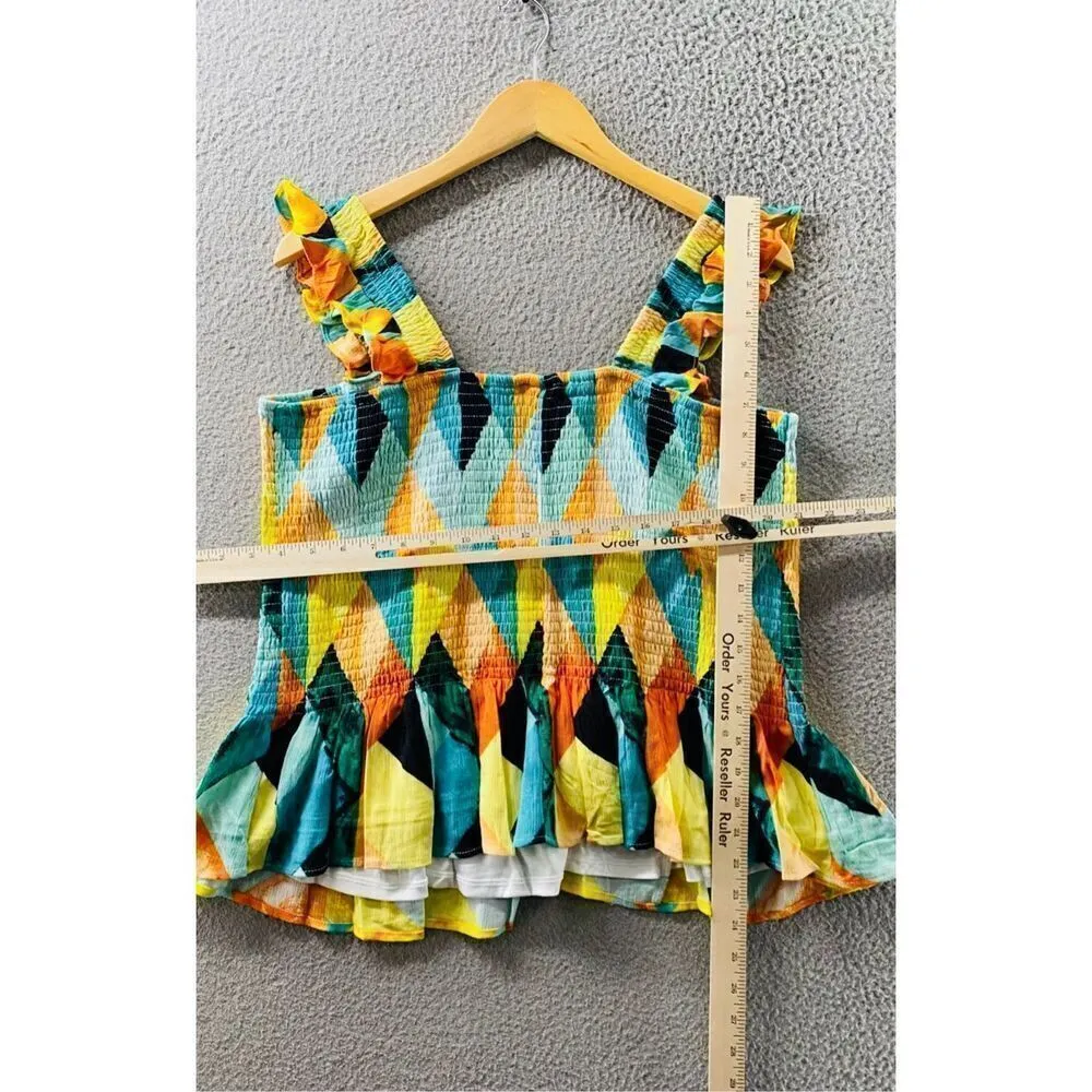 Torrid Blouse Womens 1X 14 16 Geo Multicolor Peplum Crinkle Gauze Tank Smocked - Image 4