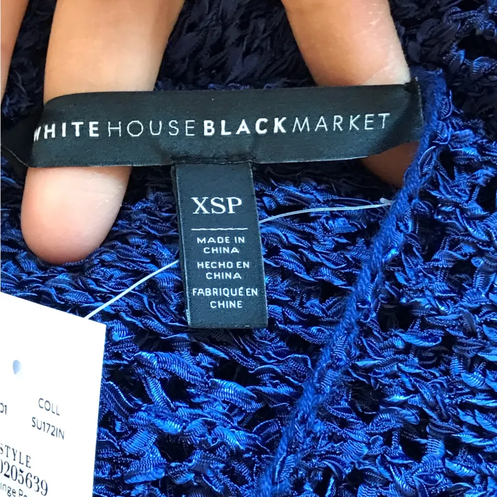 White House Black Market NWT Dark Blue Fish Net Top With Fringe Sleeves Size XSP - Image 7